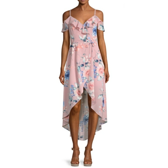 Byer California Dresses & Skirts - 🆕 NWT Pink Floral Cold Shoulder Faux Wrap Dress
